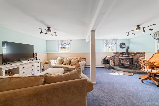 carpeted living area with a chandelier, track lighting, a wood stove, and plenty of natural light