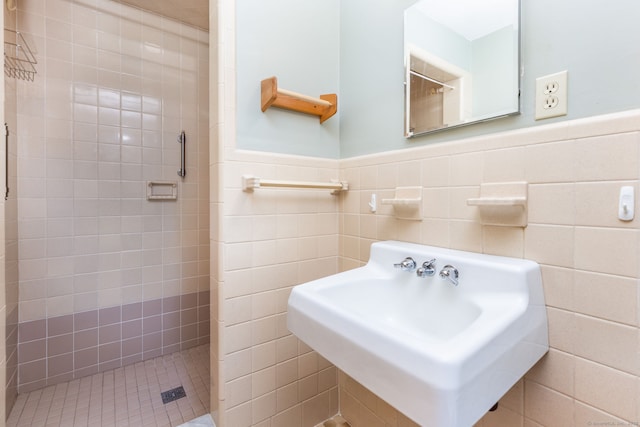 full bathroom with a sink, wainscoting, tile walls, and a shower stall