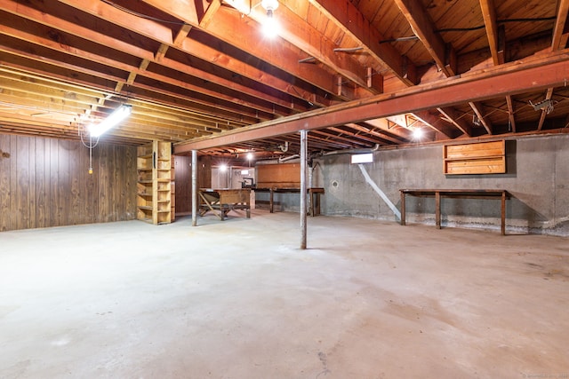 unfinished below grade area featuring wooden walls