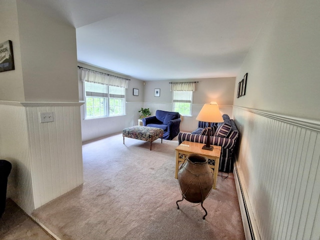 2 Ridgewood Dr, Danbury, CT 06811 - carpeted living room with wainscoting and a baseboard radiator
