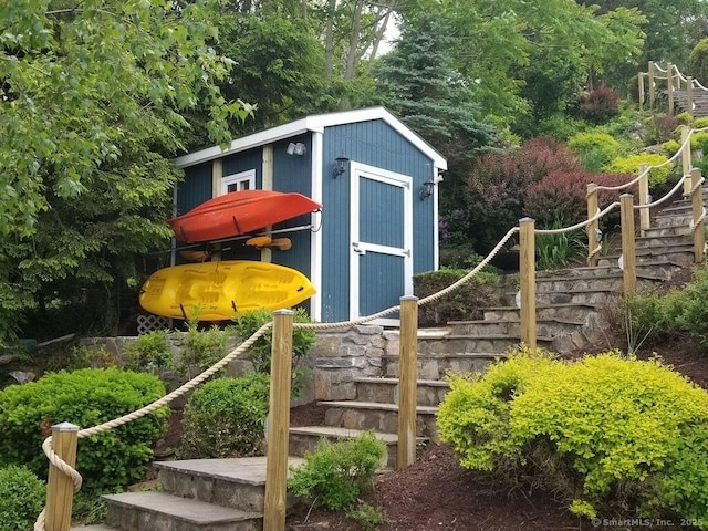 29 Old Neversink Rd, Danbury, CT 06811 - view of shed featuring fence and stairway