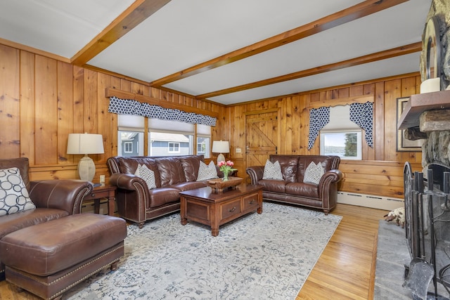 29 Old Neversink Rd, Danbury, CT 06811 - living room with wood walls, a baseboard heating unit, a healthy amount of sunlight, and beamed ceiling