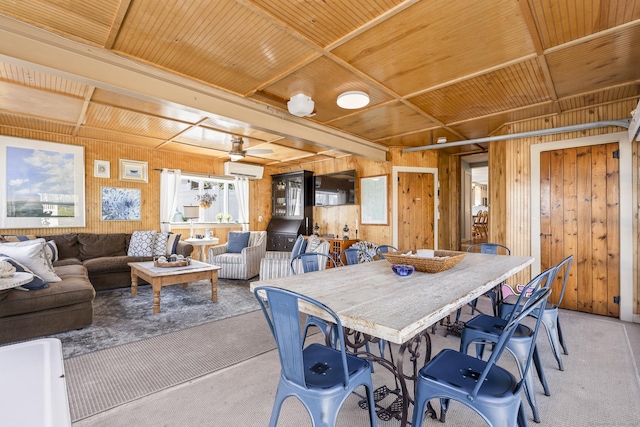 29 Old Neversink Rd, Danbury, CT 06811 - dining room with wooden walls, an AC wall unit, carpet flooring, and wood ceiling