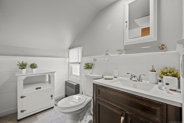 29 Old Neversink Rd, Danbury, CT 06811 - bathroom with toilet, vaulted ceiling, radiator, and vanity