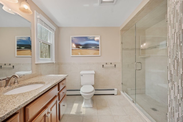 full bath with toilet, tile patterned floors, tile walls, a shower stall, and a baseboard radiator