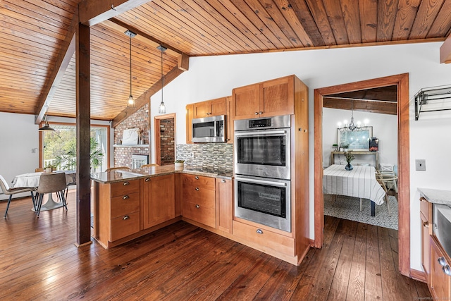 kitchen featuring a peninsula, stone counters, wooden ceiling, dark wood finished floors, and stainless steel appliances