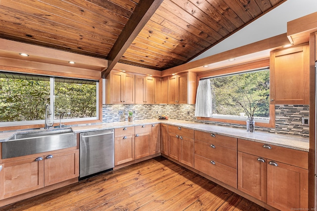 kitchen with backsplash, dishwasher, a sink, lofted ceiling, and light wood-style floors