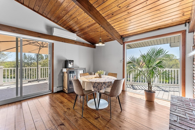 dining space featuring wood-type flooring, lofted ceiling with beams, a wall unit AC, wooden ceiling, and a baseboard radiator