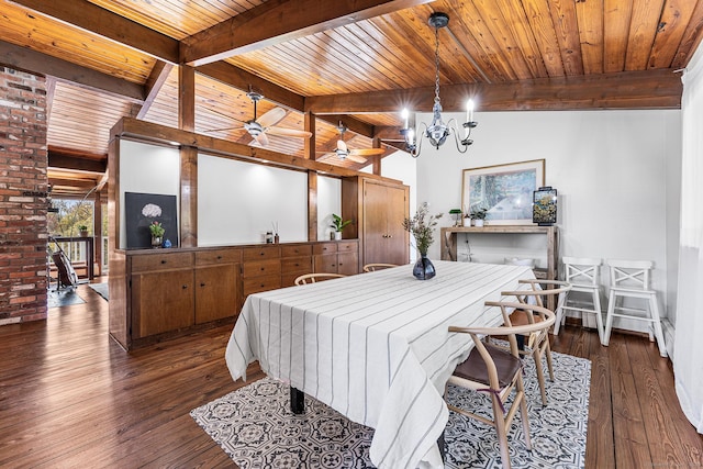 dining room with beam ceiling, wood ceiling, hardwood / wood-style flooring, and ceiling fan with notable chandelier