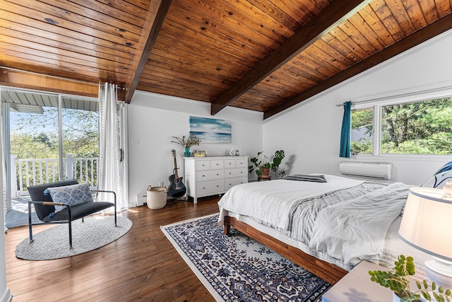 bedroom featuring lofted ceiling with beams, wood-type flooring, an AC wall unit, access to exterior, and wood ceiling