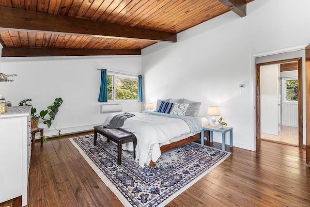bedroom with wood ceiling, multiple windows, lofted ceiling with beams, and hardwood / wood-style flooring