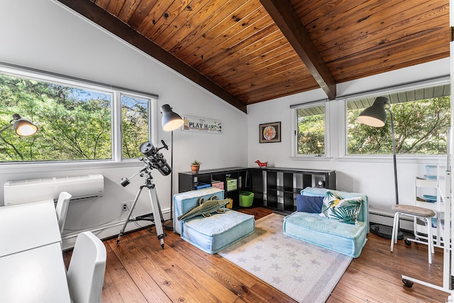 interior space featuring vaulted ceiling with beams, hardwood / wood-style flooring, and wooden ceiling