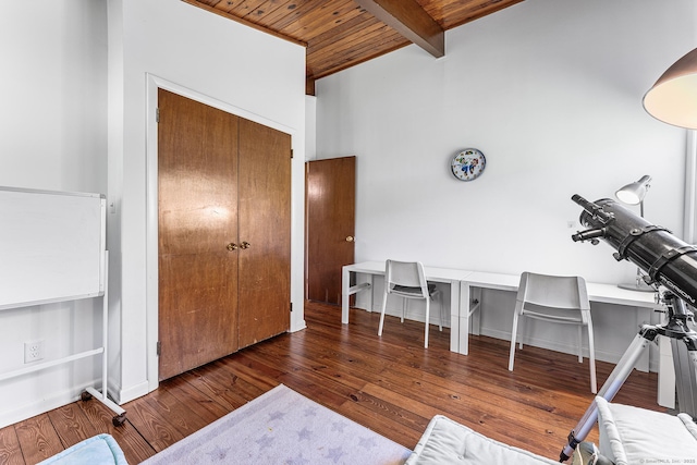 office featuring beam ceiling, wood ceiling, and hardwood / wood-style flooring