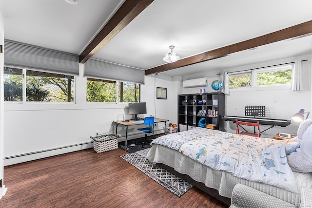 bedroom with wood finished floors, a baseboard heating unit, multiple windows, and beamed ceiling