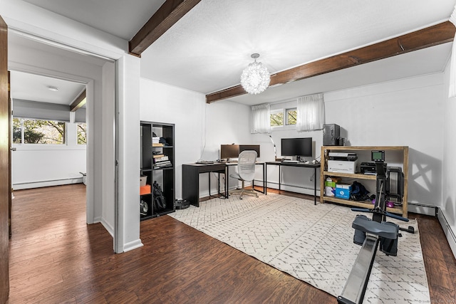 interior space featuring a baseboard radiator, beamed ceiling, wood finished floors, and a wealth of natural light