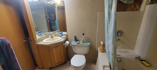 297 Whittemore Rd, Middlebury, CT 06762 - bathroom with shower / bathtub combination with curtain, toilet, tile patterned flooring, and vanity