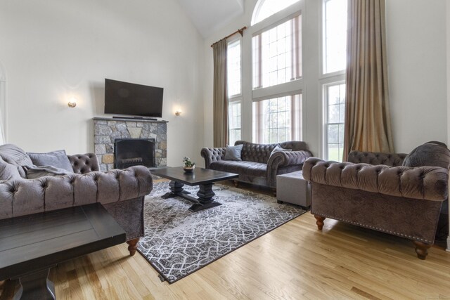 living area featuring high vaulted ceiling, a fireplace, and wood finished floors