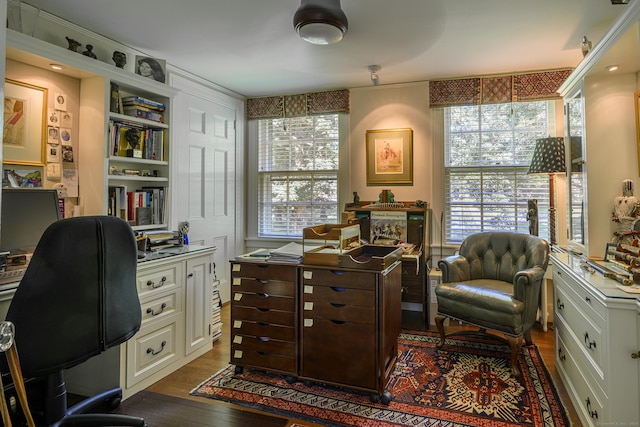 home office featuring a wealth of natural light, dark wood-style floors, and built in shelves