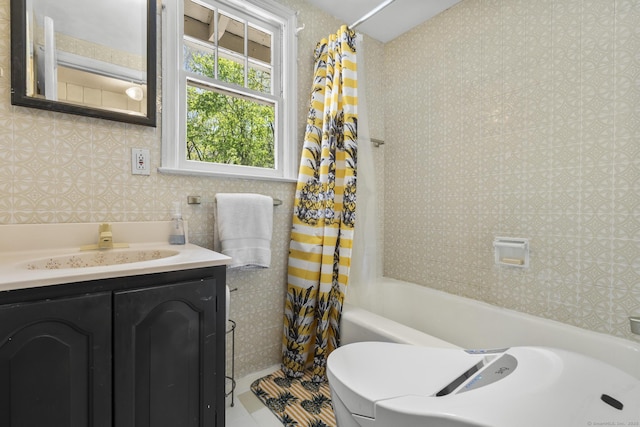bathroom featuring vanity, shower / bathtub combination with curtain, and tile walls
