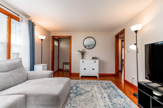 living area with radiator, baseboards, and wood finished floors