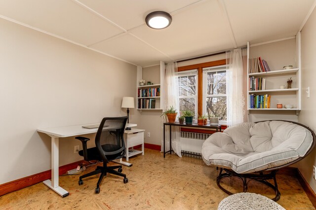 office featuring baseboards and radiator heating unit
