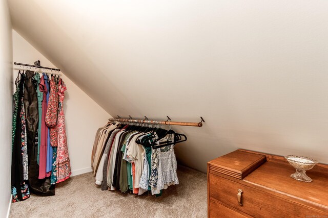 walk in closet featuring carpet flooring and lofted ceiling