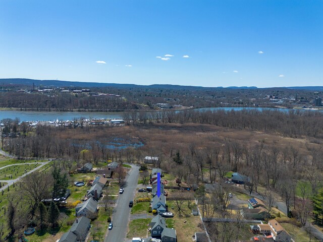 aerial view featuring a water view and a view of trees