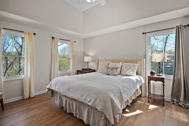 bedroom with baseboards, a towering ceiling, wood finished floors, and multiple windows
