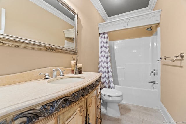 full bath with toilet, vanity, crown molding, tile patterned flooring, and shower / tub combo