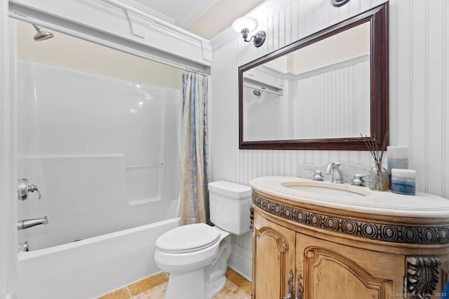 full bath with crown molding, toilet, shower / tub combo, and vanity