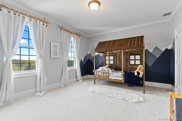 bedroom featuring carpet flooring, multiple windows, and visible vents