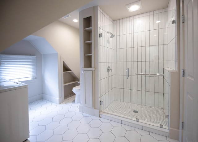 221 Broadway, Norwich, CT 06360 - bathroom featuring tile patterned flooring, visible vents, built in features, washer / dryer, and a shower stall