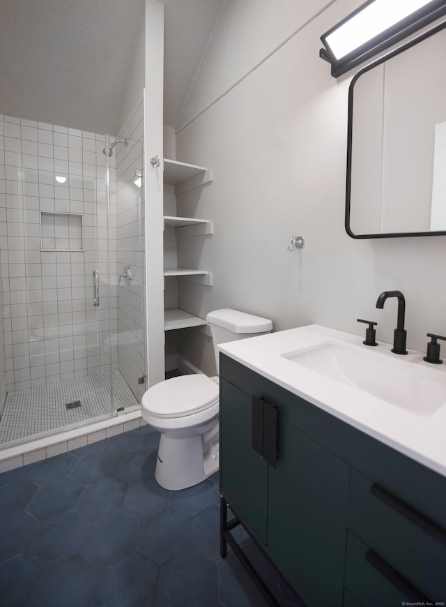 221 Broadway, Norwich, CT 06360 - bathroom with vanity, tile patterned flooring, lofted ceiling, toilet, and a stall shower