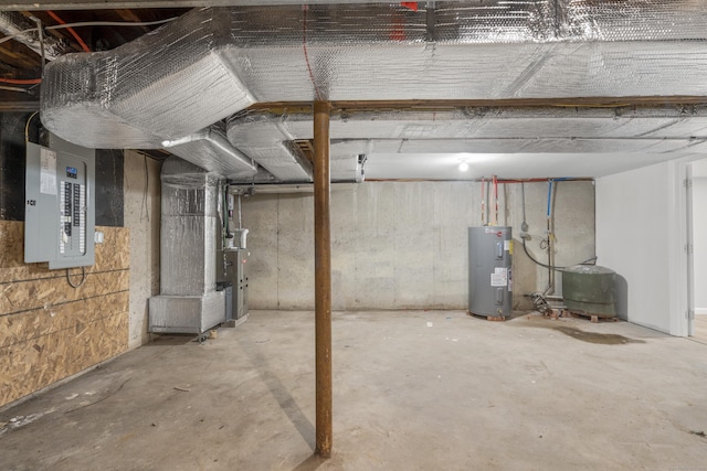 unfinished below grade area with heating unit, water heater, and electric panel