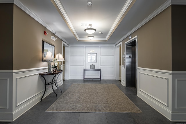 411 Brookside Ct Unit 411, Newtown, CT 06470 - corridor featuring a decorative wall, crown molding, elevator, a wainscoted wall, and a raised ceiling