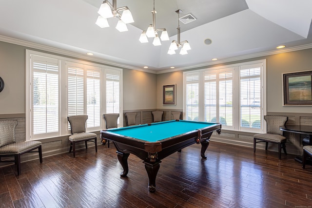411 Brookside Ct Unit 411, Newtown, CT 06470 - recreation room with a chandelier, plenty of natural light, dark wood-style flooring, billiards, and crown molding