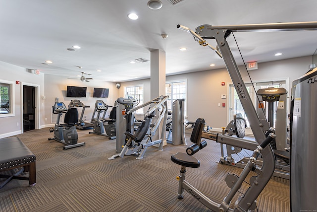 411 Brookside Ct Unit 411, Newtown, CT 06470 - gym featuring recessed lighting, baseboards, ceiling fan, and carpet floors