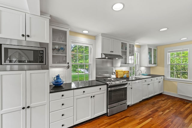 34 W Ave, Essex, CT 06426 - kitchen with stainless steel appliances, radiator heating unit, under cabinet range hood, dark countertops, and backsplash
