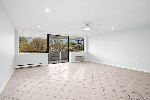 empty room with a baseboard heating unit, a healthy amount of sunlight, recessed lighting, and a ceiling fan