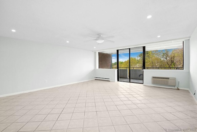 unfurnished room with ceiling fan, recessed lighting, a wall mounted AC, and a baseboard heating unit