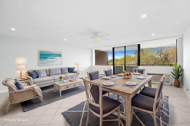 dining room featuring a ceiling fan, light tile patterned floors, and recessed lighting