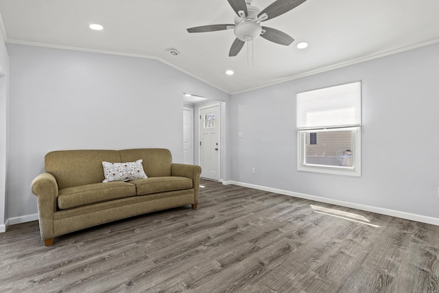 sitting room featuring crown molding, recessed lighting, a ceiling fan, and wood finished floors