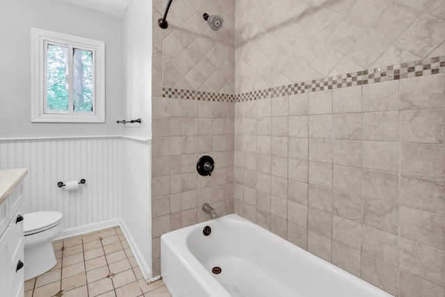 44 Columbus Pl Unit 2, Stamford, CT 06907 - full bath featuring toilet, tile patterned floors, washtub / shower combination, vanity, and wainscoting
