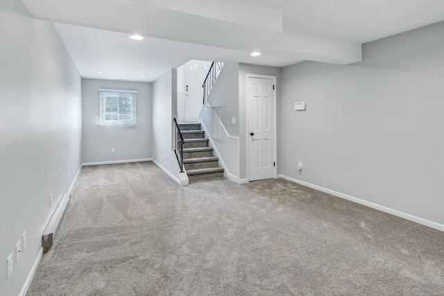 44 Columbus Pl Unit 2, Stamford, CT 06907 - below grade area featuring carpet, stairs, baseboards, and recessed lighting