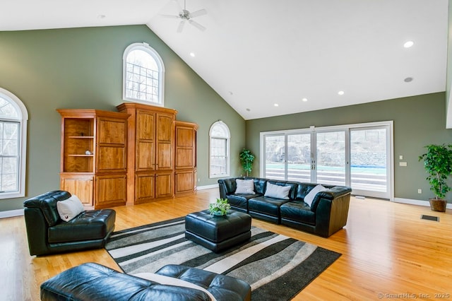 32 Village Dr, East Lyme, CT 06333 - living area with high vaulted ceiling, a ceiling fan, light wood-style floors, baseboards, and recessed lighting