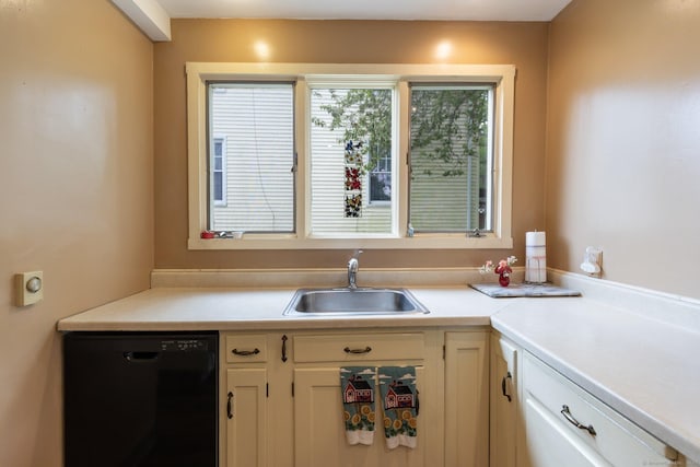 kitchen featuring dishwasher, a sink, light countertops, and white cabinets
