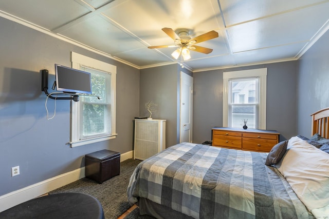 bedroom with multiple windows, baseboards, carpet floors, a ceiling fan, and crown molding