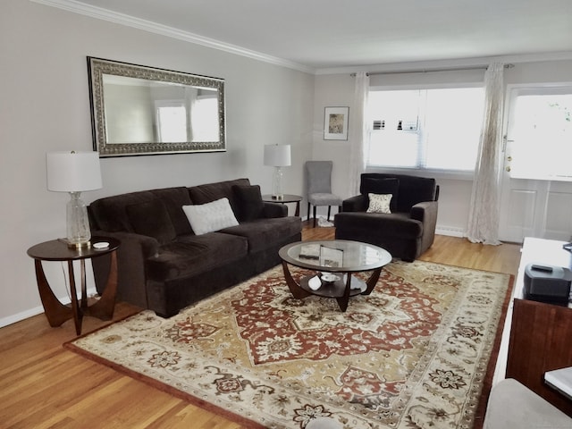 living room with crown molding, baseboards, and wood finished floors