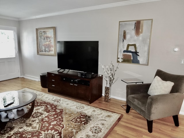 living area with light wood-style floors, a baseboard radiator, baseboards, and ornamental molding