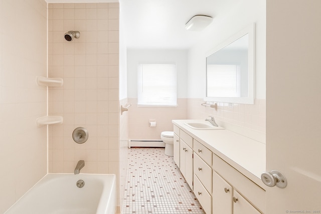 4 Robert Ln, Westport, CT 06880 - bathroom with a baseboard radiator, vanity, tile walls, wainscoting, and shower / bathtub combination